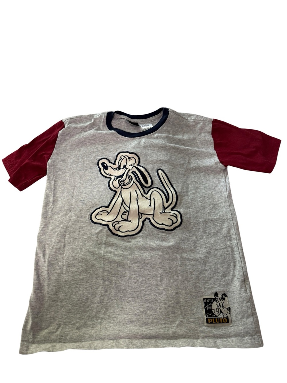 Disney Our Universe Boys Pluto Embroidered Patch Raglan Ringer T-Shirt Gray L